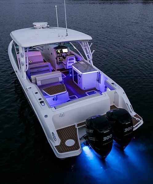 2020 Boston Whaler 320 Vantage with LED lights at night